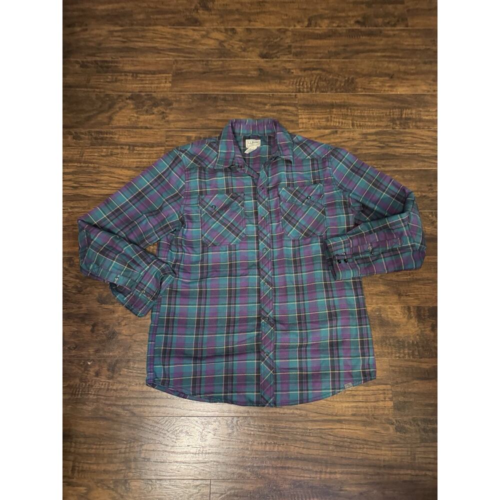L.L.Bean Men’s Plaid Flannel Shirt Regular Green Purple Wool Blend Sz:M